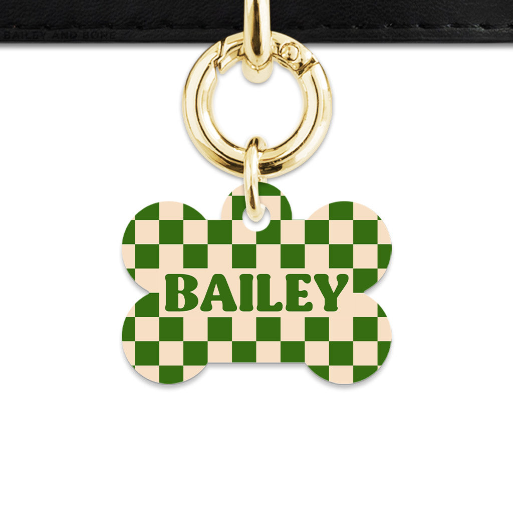 Bailey And Bone Pet Tag Green And Beige Checkers Pet Tag