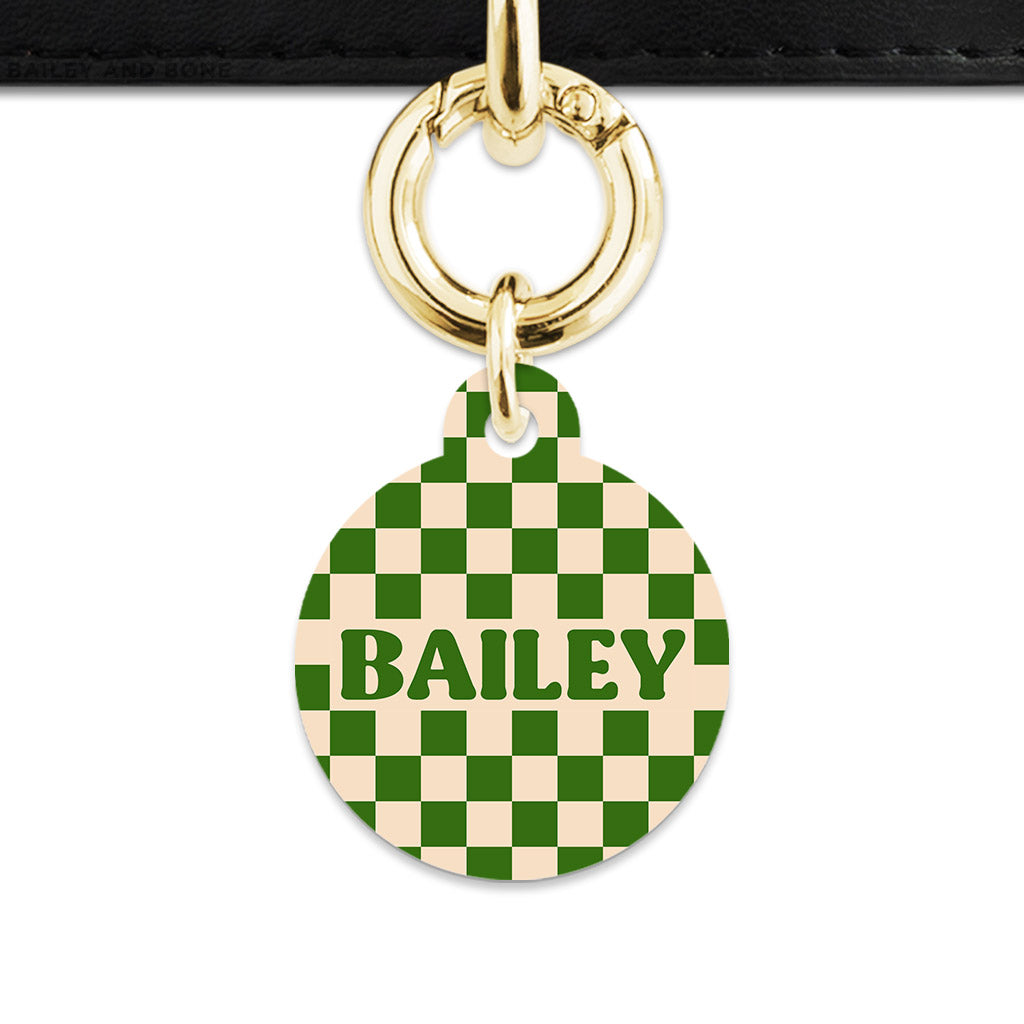 Bailey And Bone Pet Tag Green And Beige Checkers Pet Tag