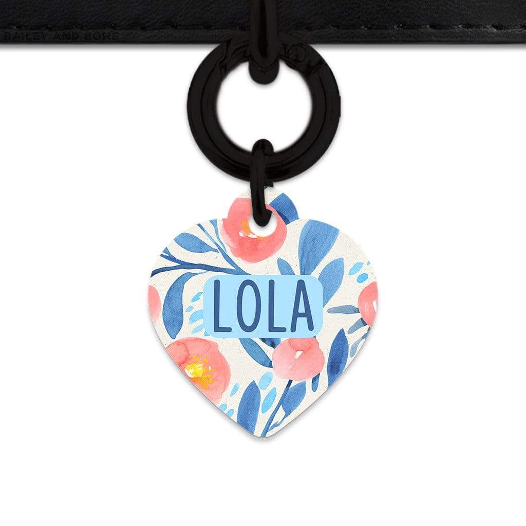 Bailey And Bone Pet Tag Heart / Black Blue And Pink Watercolour Flowers Pet Tag