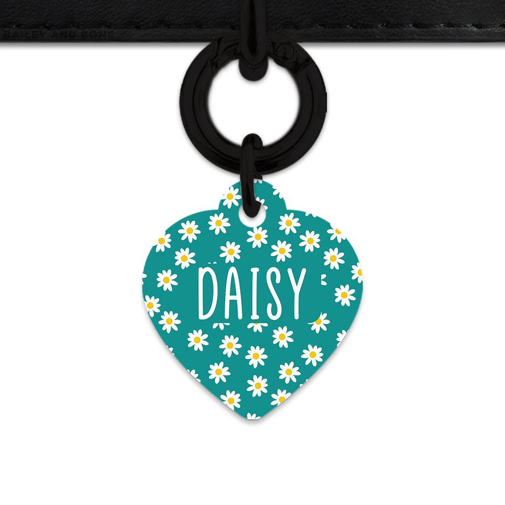 Bailey And Bone Pet Tag Heart / Black Teal Daisy Pattern Pet Tag