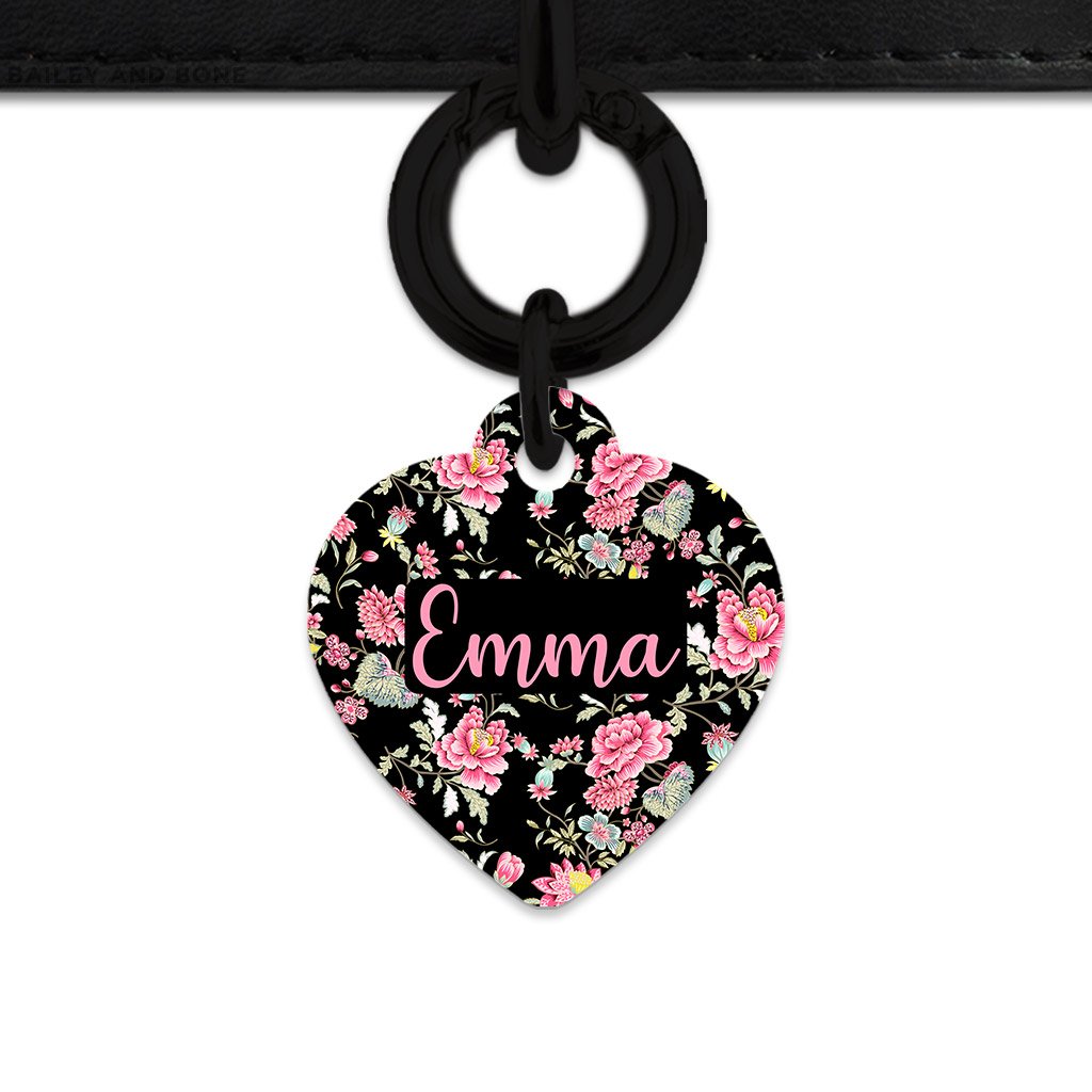 Bailey And Bone Pet Tag Heart / Black Vintage Pink Flowers Pet Tag