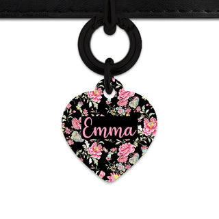 Bailey And Bone Pet Tag Heart / Black Vintage Pink Flowers Pet Tag