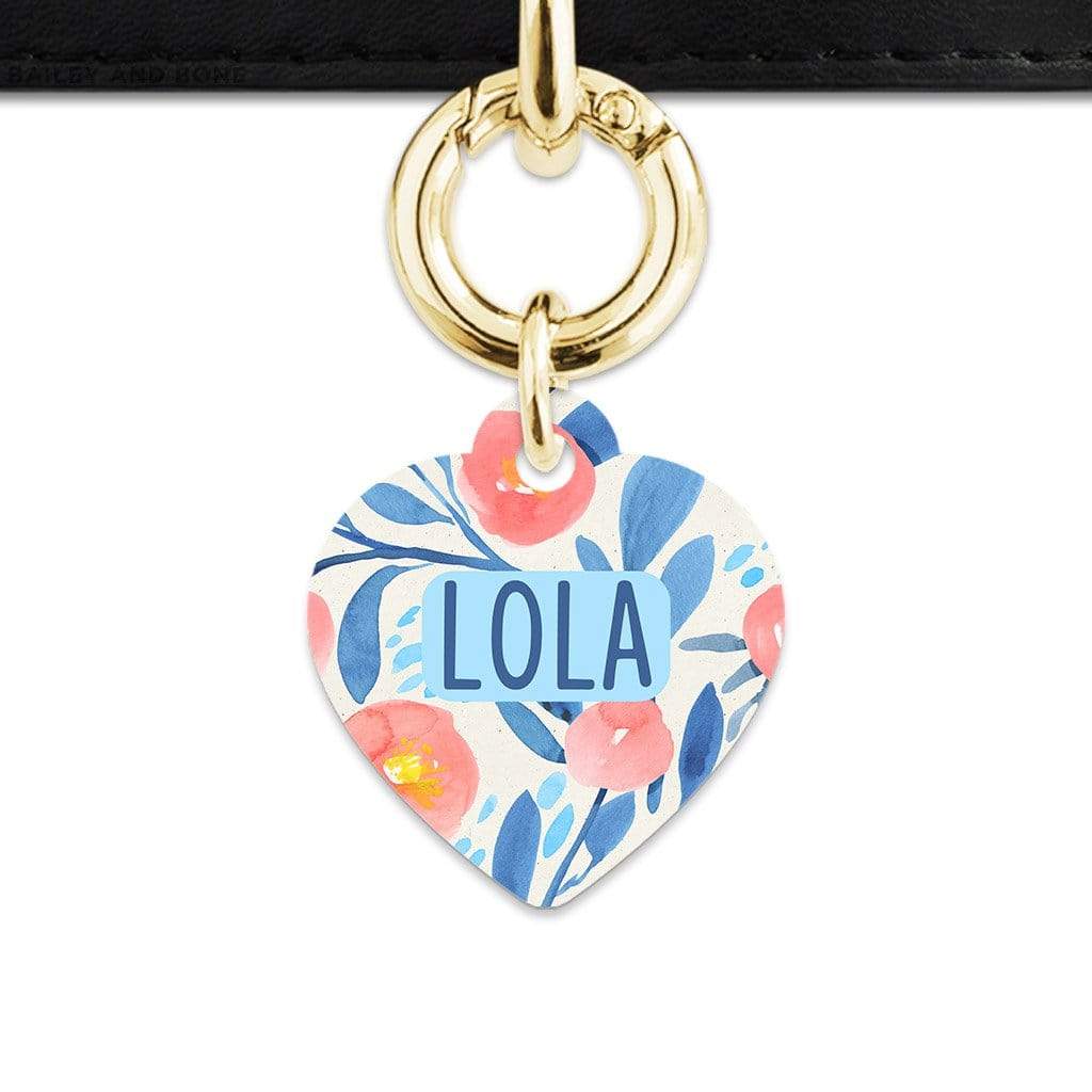 Bailey And Bone Pet Tag Heart / Gold Blue And Pink Watercolour Flowers Pet Tag