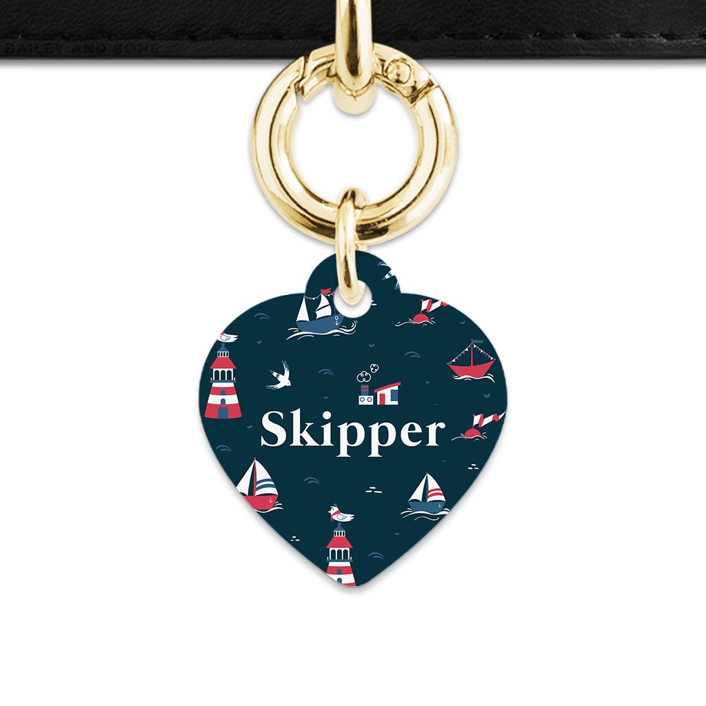 Bailey And Bone Pet Tag Heart / Gold Navy Blue Boats Pet Tag
