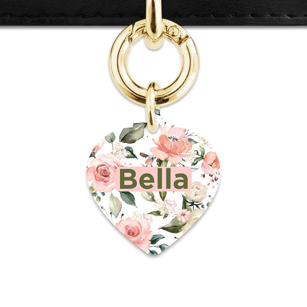 Bailey And Bone Pet Tag Heart / Gold Pink And Green Roses Pet Tag