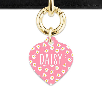Bailey And Bone Pet Tag Heart / Gold Pink Daisy Pattern Pet Tag