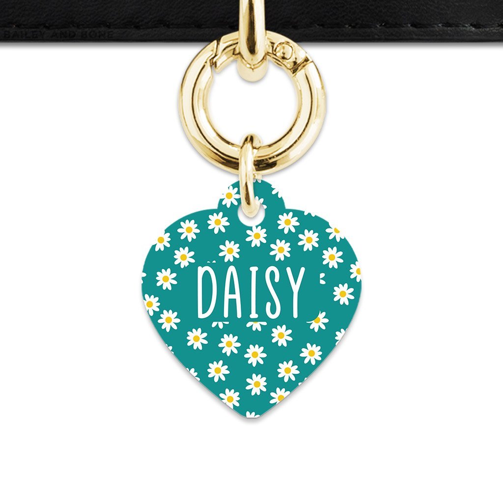 Bailey And Bone Pet Tag Heart / Gold Teal Daisy Pattern Pet Tag