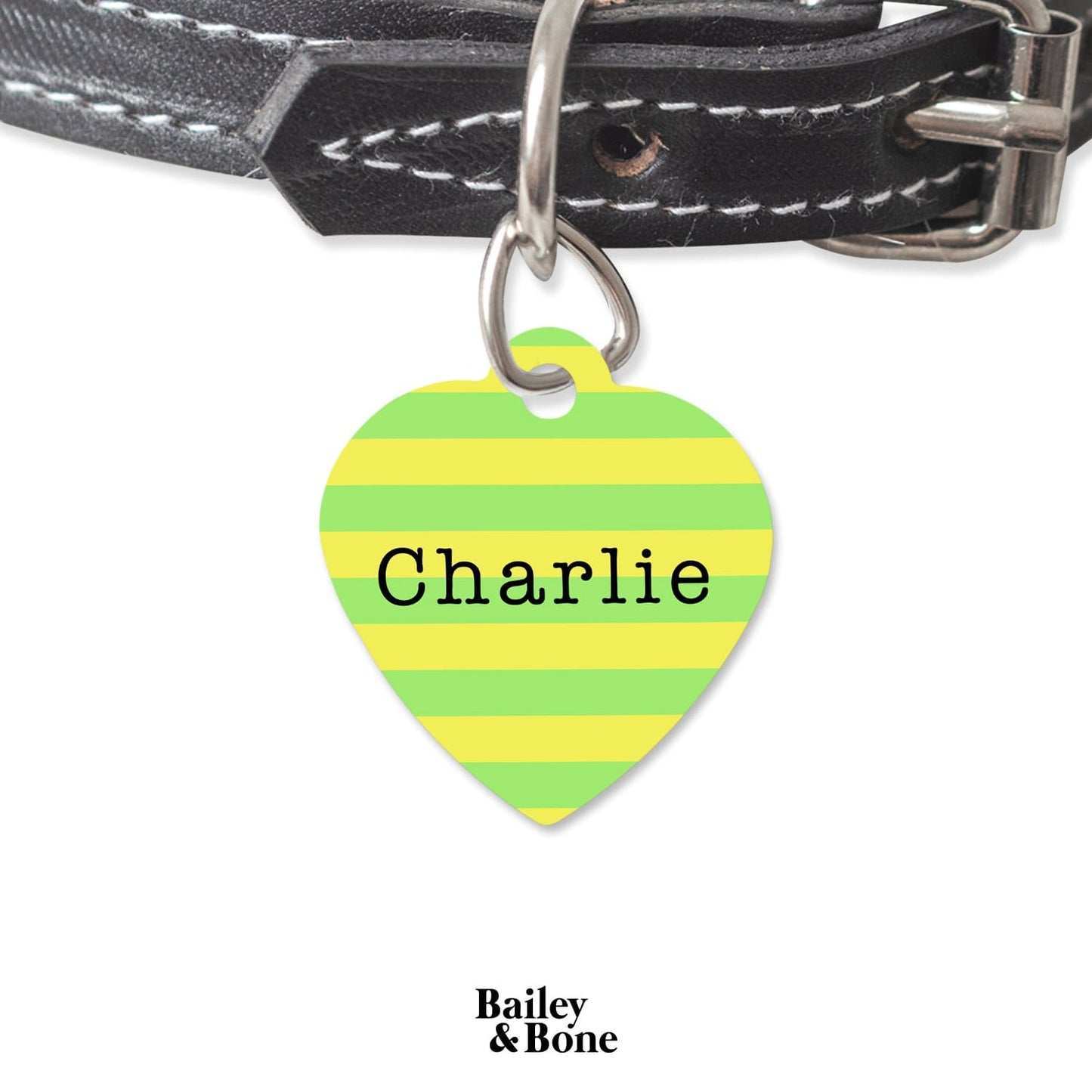 Bailey And Bone Pet Tag Heart Green And Yellow Stripes Pet Tag