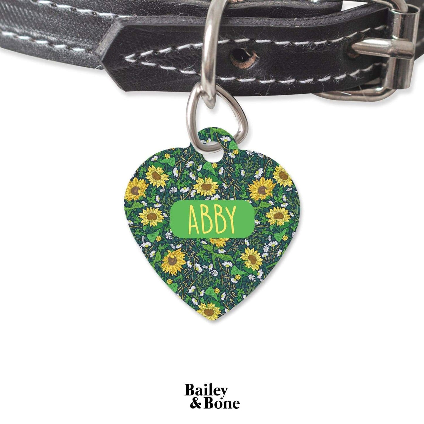 Bailey And Bone Pet Tag Heart Green Garden Sunflowers Pet Tag