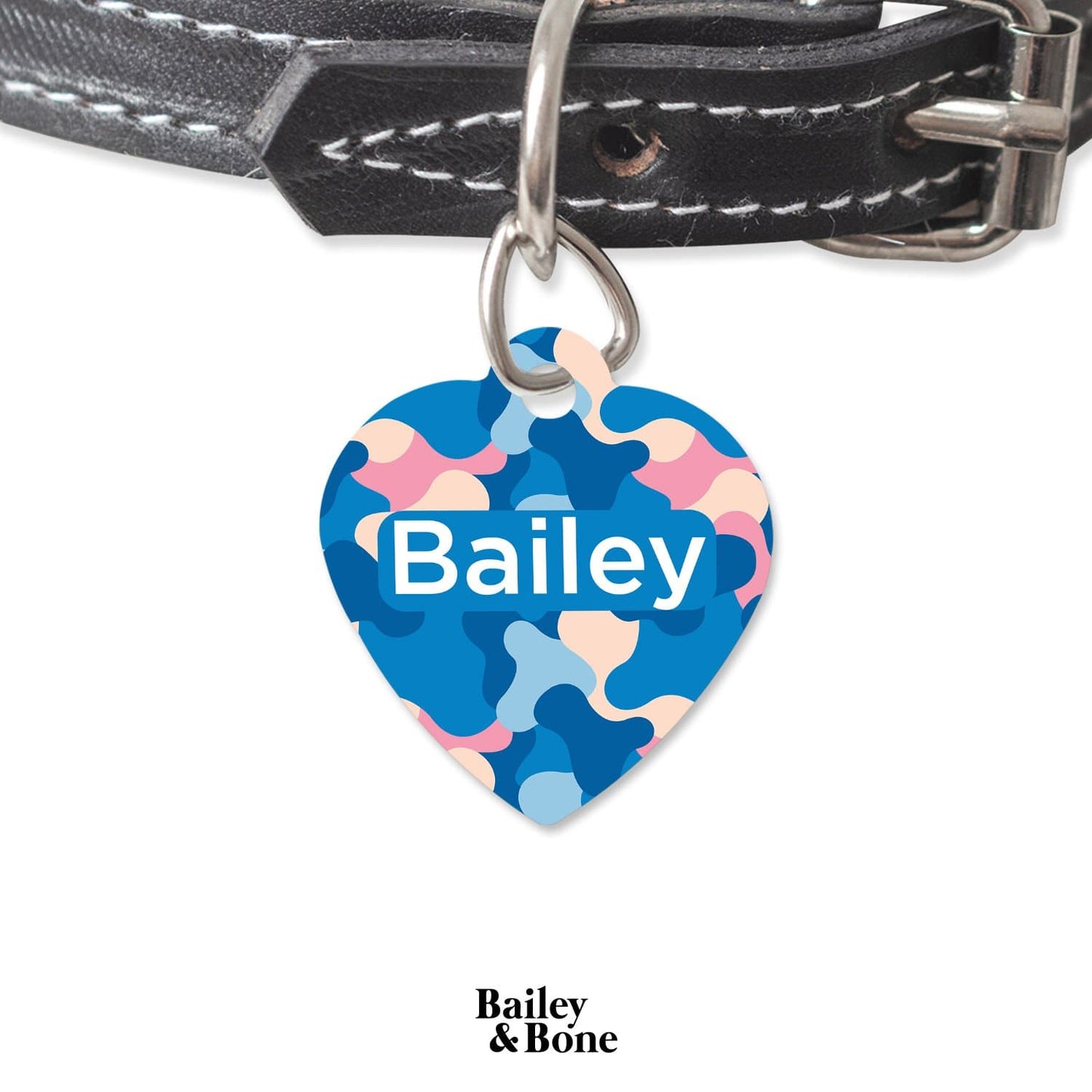 Bailey And Bone Pet Tag Heart Pastel Blue Camo Pattern Pet Tag