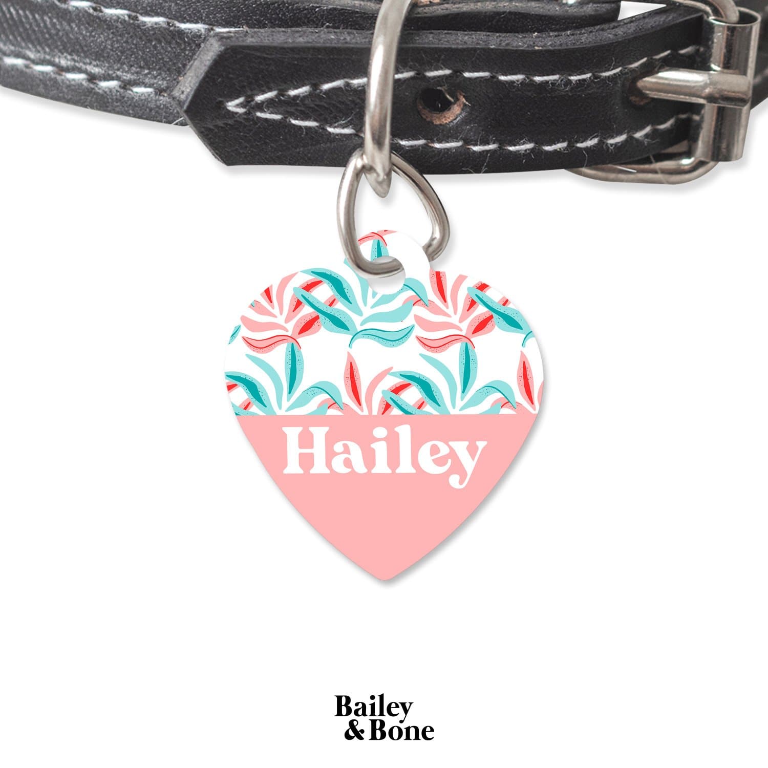Bailey And Bone Pet Tag Heart Pink And Blue Tropical Leaves Pet Tag