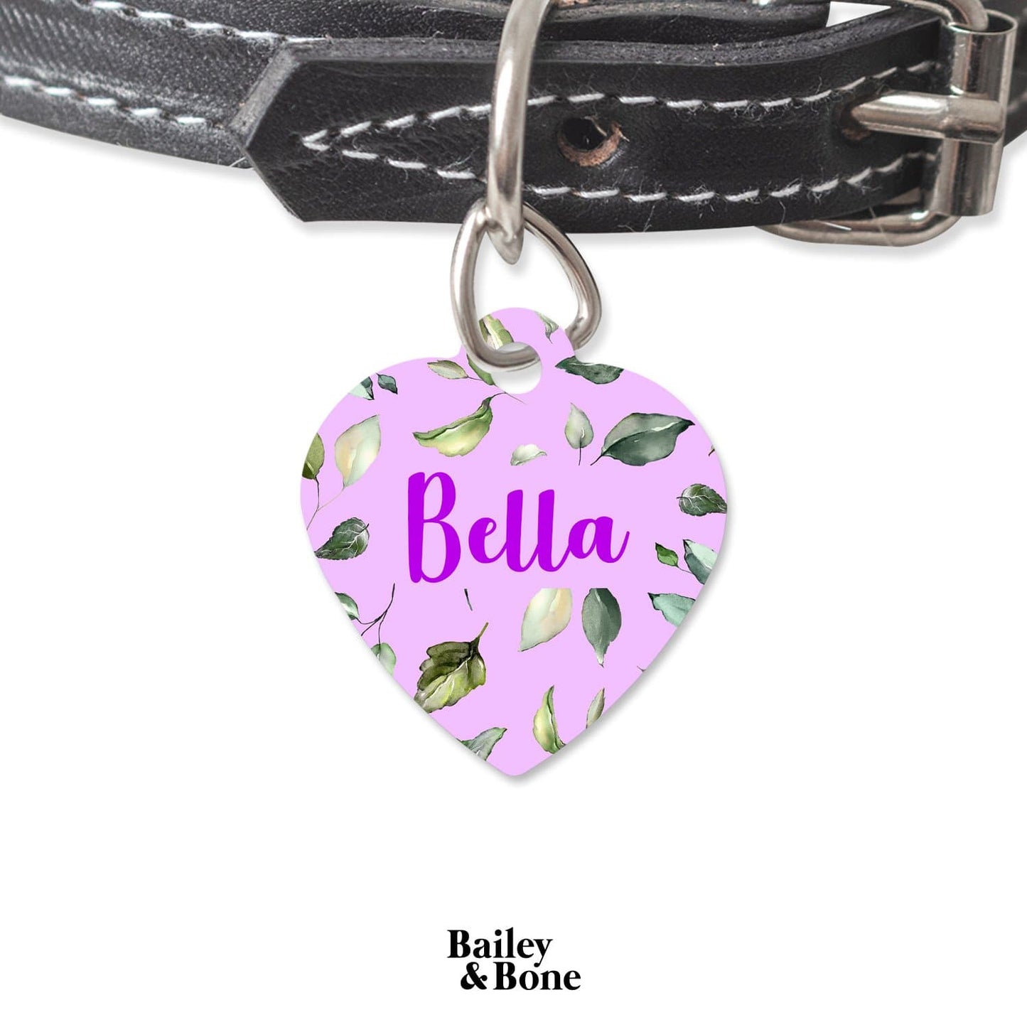 Bailey And Bone Pet Tag Heart Purple And Green Leaves Pet Tag