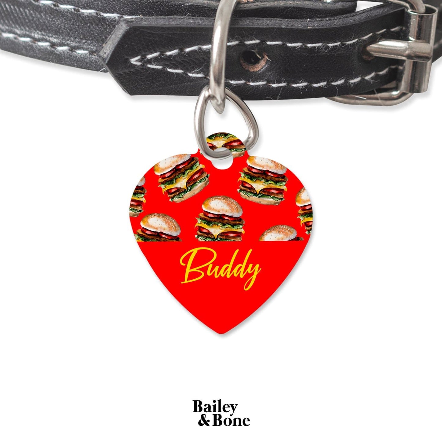 Bailey And Bone Pet Tag Heart Red And Yellow Burger Pet Tag