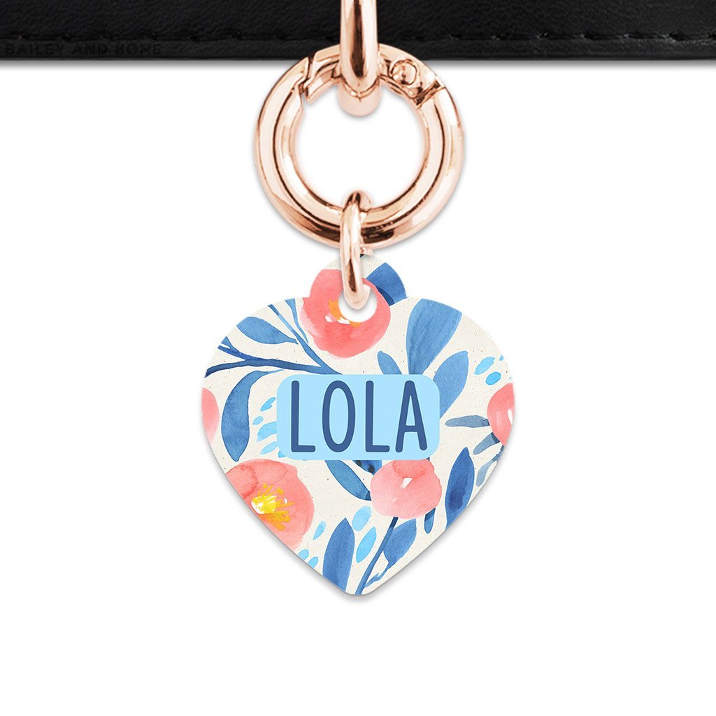 Bailey And Bone Pet Tag Heart / Rose Gold Blue And Pink Watercolour Flowers Pet Tag