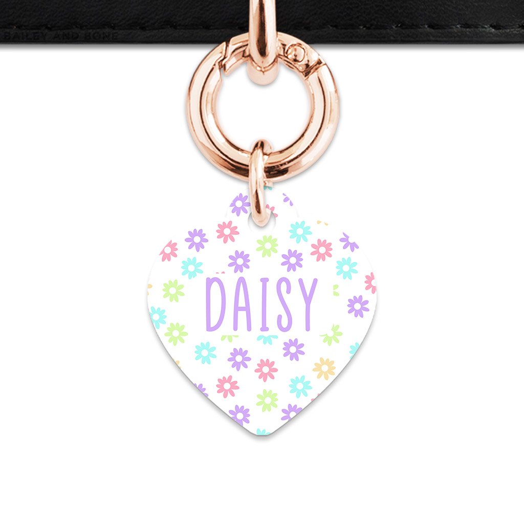 Bailey And Bone Pet Tag Heart / Rose Gold Pastel Daisy Pattern Pet Tag