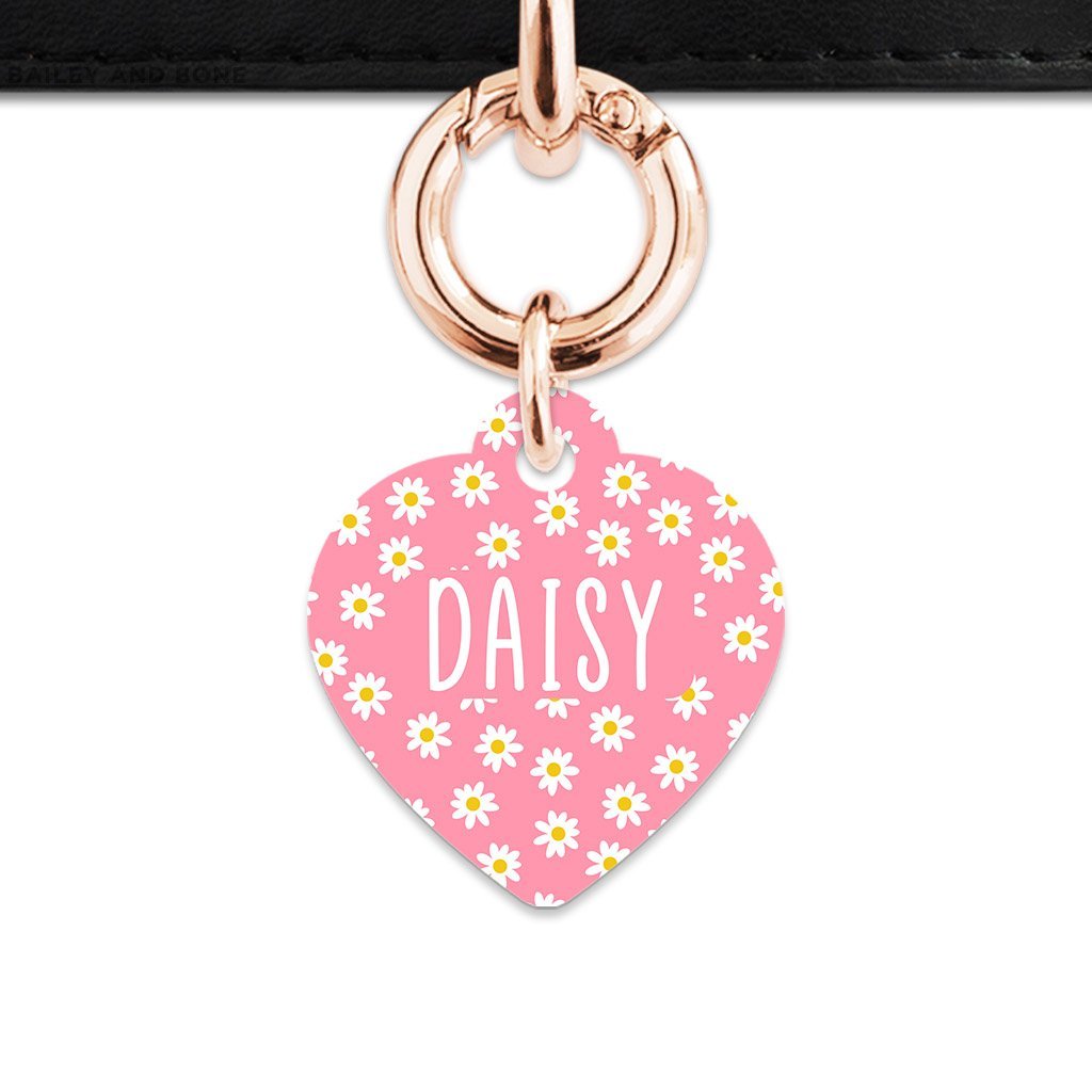 Bailey And Bone Pet Tag Heart / Rose Gold Pink Daisy Pattern Pet Tag