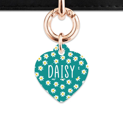 Bailey And Bone Pet Tag Heart / Rose Gold Teal Daisy Pattern Pet Tag