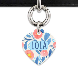 Bailey And Bone Pet Tag Heart / Silver Blue And Pink Watercolour Flowers Pet Tag