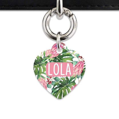 Bailey And Bone Pet Tag Heart / Silver Pink And Green Tropical Flowers Pet Tag