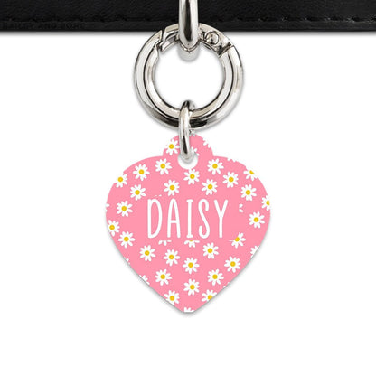 Bailey And Bone Pet Tag Heart / Silver Pink Daisy Pattern Pet Tag