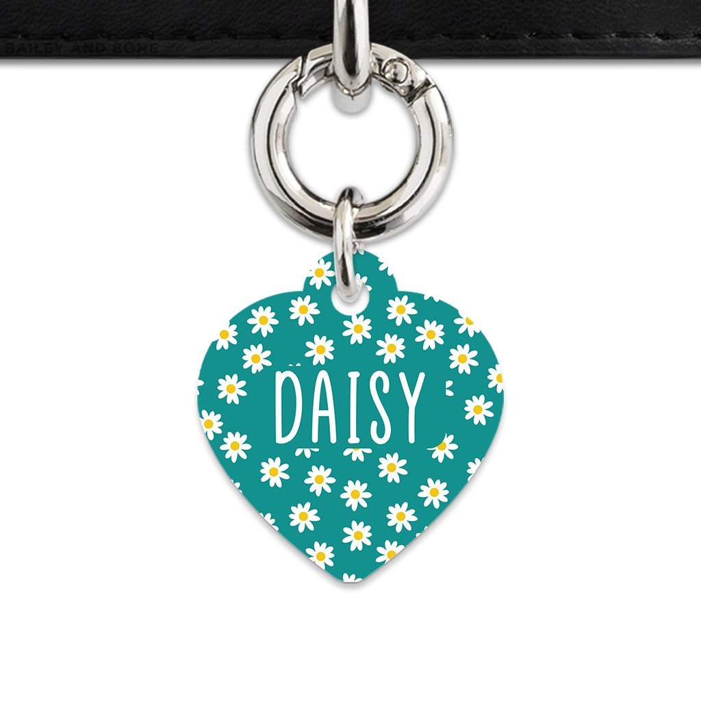 Bailey And Bone Pet Tag Heart / Silver Teal Daisy Pattern Pet Tag