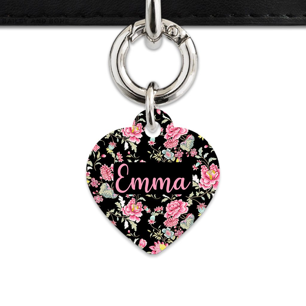Bailey And Bone Pet Tag Heart / Silver Vintage Pink Flowers Pet Tag