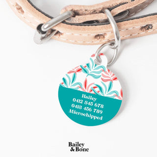 Bailey And Bone Pet Tag Pink And Blue Tropical Leaves Pet Tag