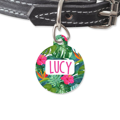 Bailey And Bone Pet Tag Tropical Green And Pink Flowers Pet Tag