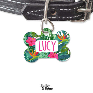 Bailey And Bone Pet Tag Tropical Green And Pink Flowers Pet Tag