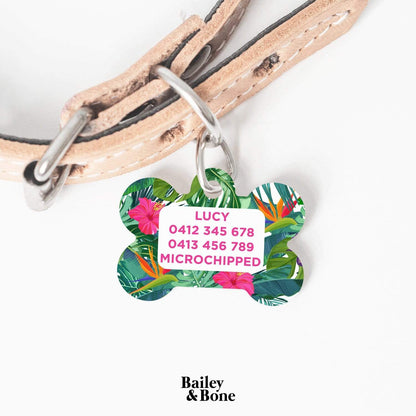 Bailey And Bone Pet Tag Tropical Green And Pink Flowers Pet Tag