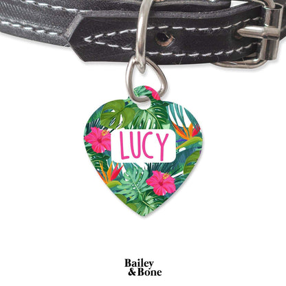 Bailey And Bone Pet Tag Tropical Green And Pink Flowers Pet Tag