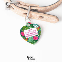 Bailey And Bone Pet Tag Tropical Green And Pink Flowers Pet Tag