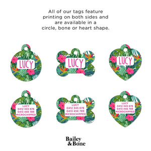 Bailey And Bone Pet Tag Tropical Green And Pink Flowers Pet Tag
