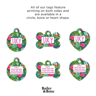 Bailey And Bone Pet Tag Tropical Green And Pink Flowers Pet Tag