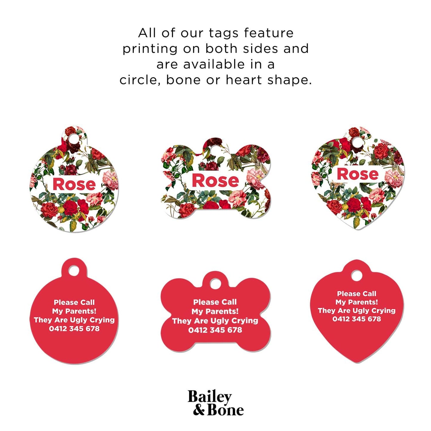 Bailey And Bone Pet Tag Vintage Red Roses Pet Tag